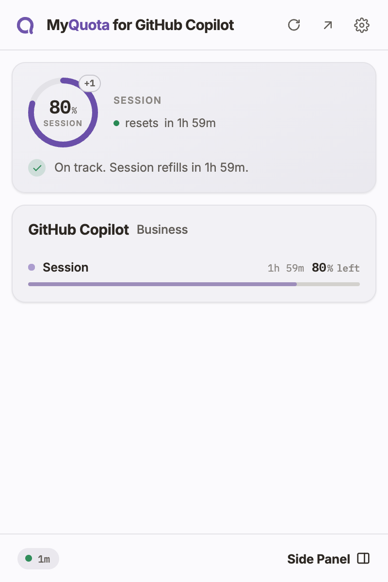 The MyQuota popup tracking GitHub Copilot usage and quota