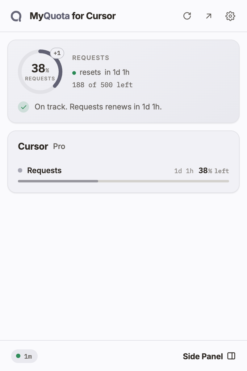 The MyQuota popup tracking Cursor usage and quota