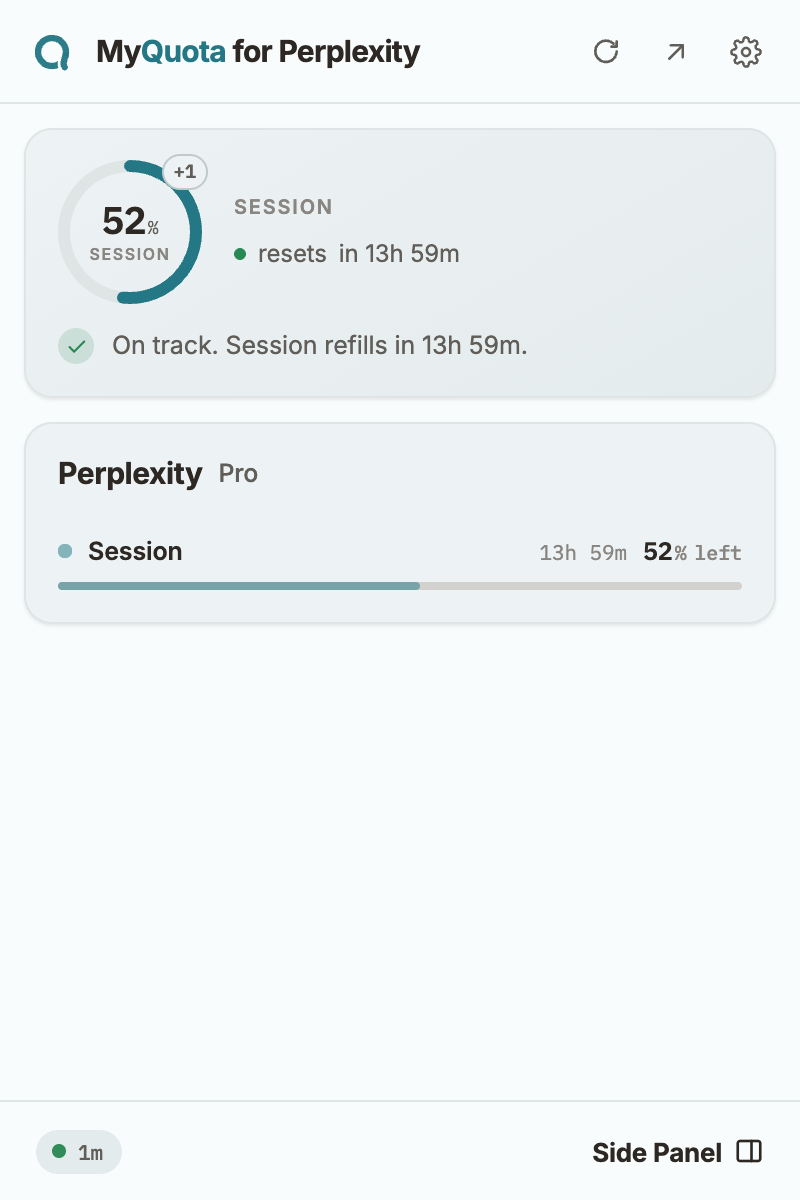 The MyQuota popup tracking Perplexity usage and quota